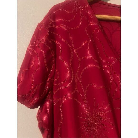 Perceptions Petite XL Short Sleeve Glitter Floral Dress Red Asymmetrical Holiday - Picture 8 of 15